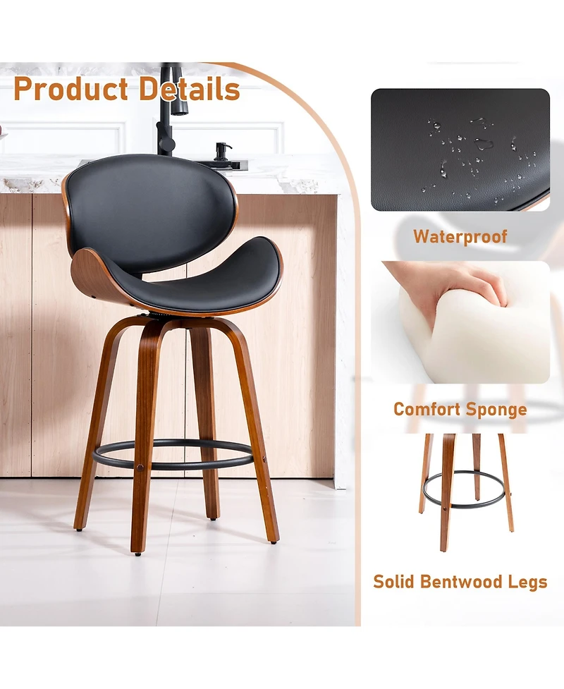 Dyhome 26 Inches Swivel Bar Stools Set of 2, Mid-Century Modern Counter Height