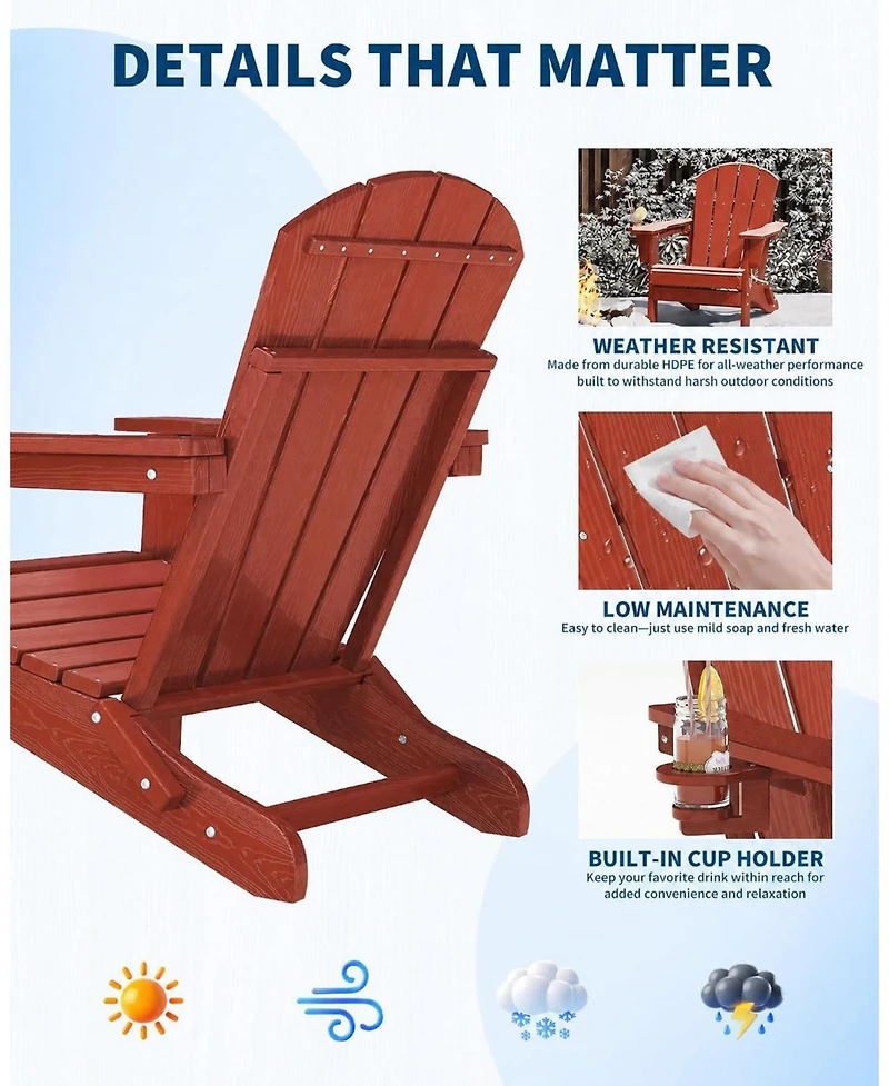 Gaomon Hdpe Outdoor Patio Chair, Folding Adirondack Chair Set of 2 with Side Table for patios, Decks, Gardens, fire Pit, Red