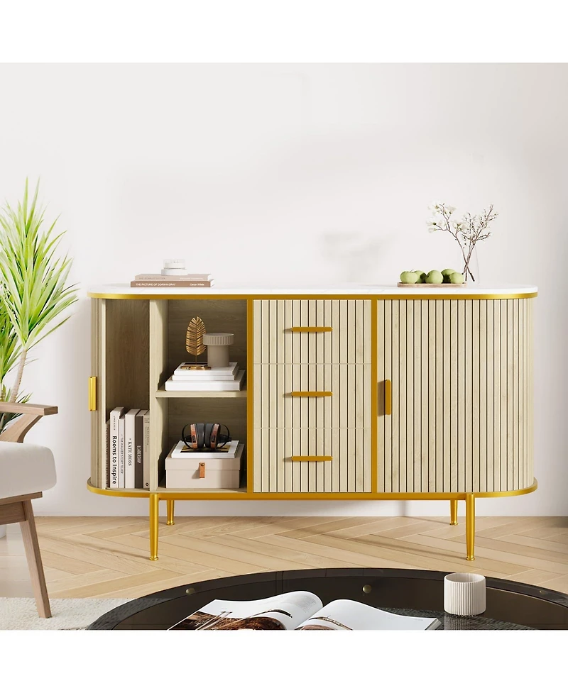 homfan Mid Century Fluted Buffet Cabinet with Faux Marble Top Coffee Bar Console Table for Kitchen Living Room