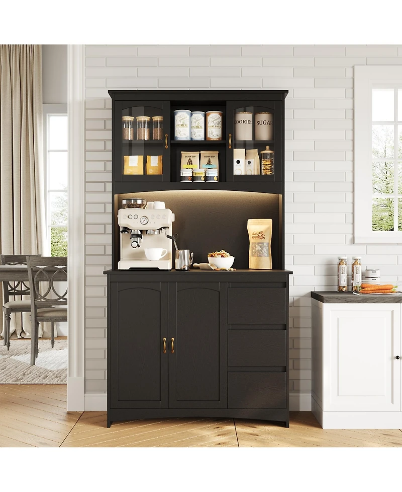 homfan 71" Tall Kitchen Pantry Cabinet with Led Lights and Charging Station, 3 Drawers, Glass Doors, Adjustable Shelves