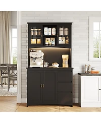 homfan 71" Tall Kitchen Pantry Cabinet with Led Lights and Charging Station, 3 Drawers, Glass Doors, Adjustable Shelves