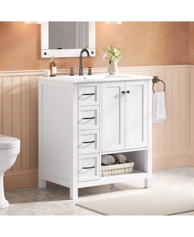 Busdays 30 Inch Bathroom Vanity with Sink Top Two Doors Two Drawers Solid Wood Open Shelf Mdf Boards One Package