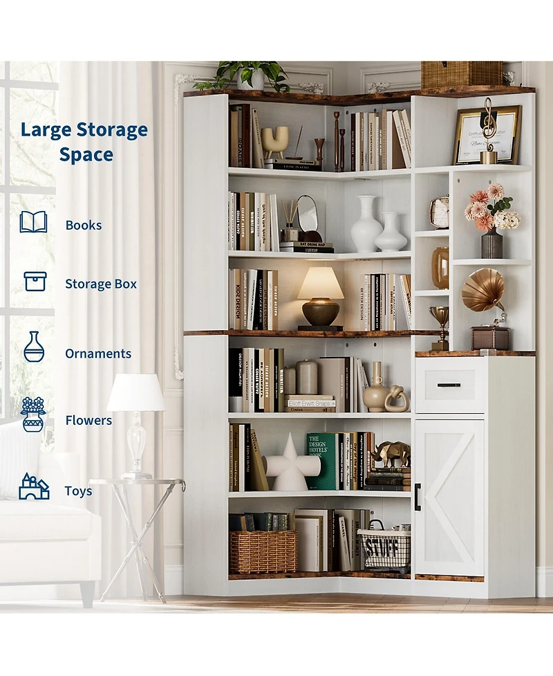 gaomon 74'' Tall Corner Bookshelf 6-Tier Book Shelf with Drawer and Cabinets, l-Shaped Bookcase Open Storage Shelves Modern Display Shelf for Home