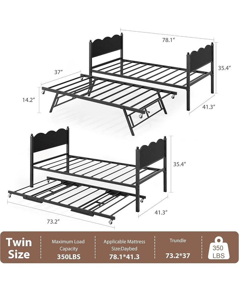 gaomon Daybed with Trundle, Twin Day Bed Metal Slat Support and Lockable Casters, Wavy Headboard Wood Grain, Space Saving Sofa