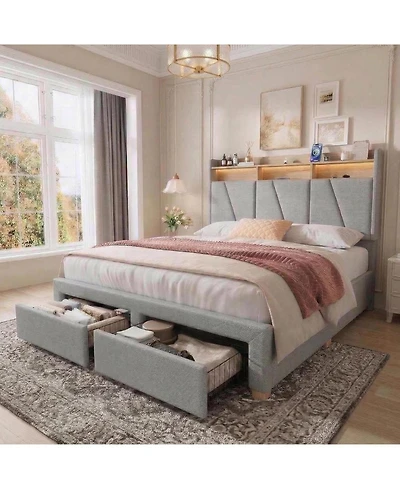 gaomon Queen Size Upholstered Storage Bed Frame with Led Lights, Charging Station and 2 Drawers - Heavy Duty Platform, No Box Spring, Easy Assembly