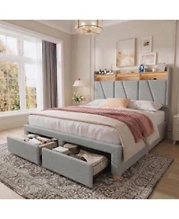 gaomon Queen Size Upholstered Storage Bed Frame with Led Lights, Charging Station and 2 Drawers - Heavy Duty Platform, No Box Spring, Easy Assembly