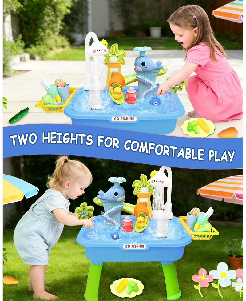 Gnuadz 4-in-1 Electric Water Table Play Sink Running Faucet Sensory Fishing Game