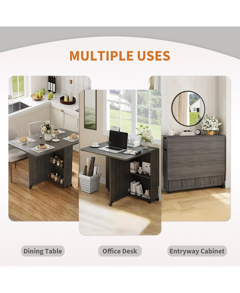 gaomon Folding Dining Table with Storage, Folding Kitchen Table with 6 Wheels, Drawer and Shelves, Compact Dining Table for Small Spaces