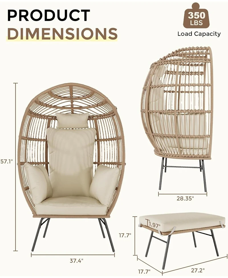 gaomon Oversize Wicker Egg Chair with Ottoman, Shaped Chaise Lounge Thick Cushion for Indoor Outdoor Patio Porch Backyard