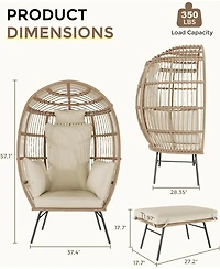 gaomon Oversize Wicker Egg Chair with Ottoman, Shaped Chaise Lounge Thick Cushion for Indoor Outdoor Patio Porch Backyard