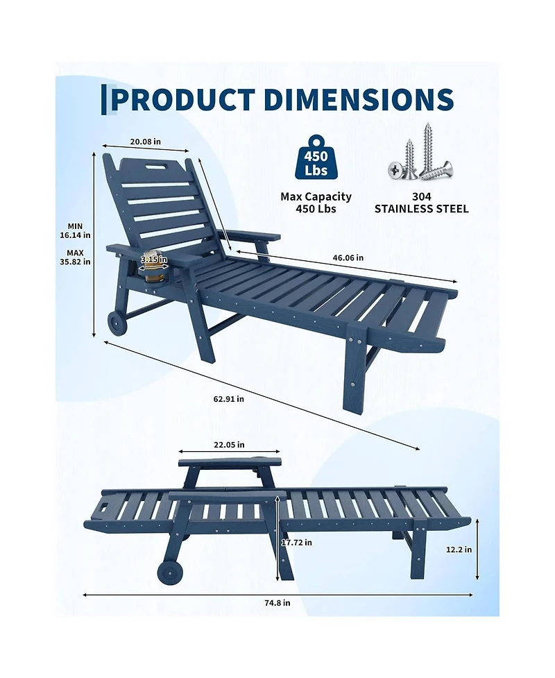 gaomon 2 Piece All-Weather Chaise Hdpe Lounge Chair, Built-in Cup Holder and Rolling Wheels for Patio, Poolside, Deck