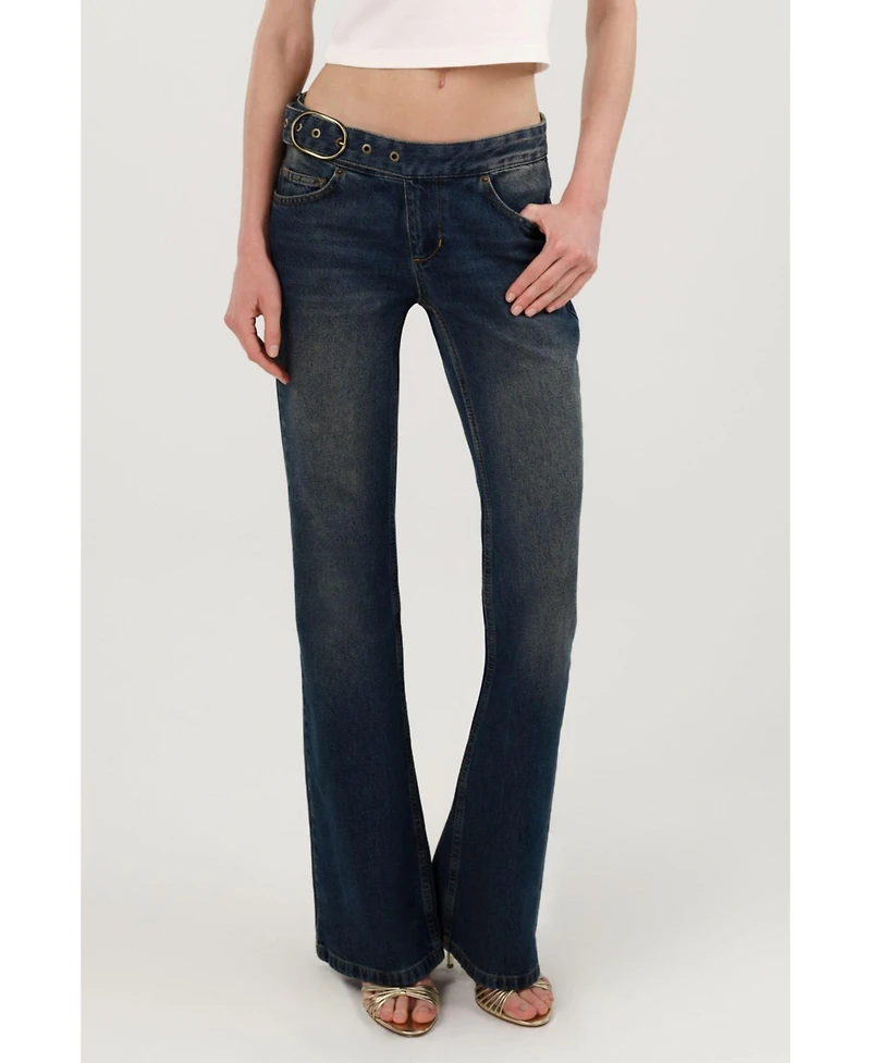 Nocturne Women's Belted Denim Flare Trousers