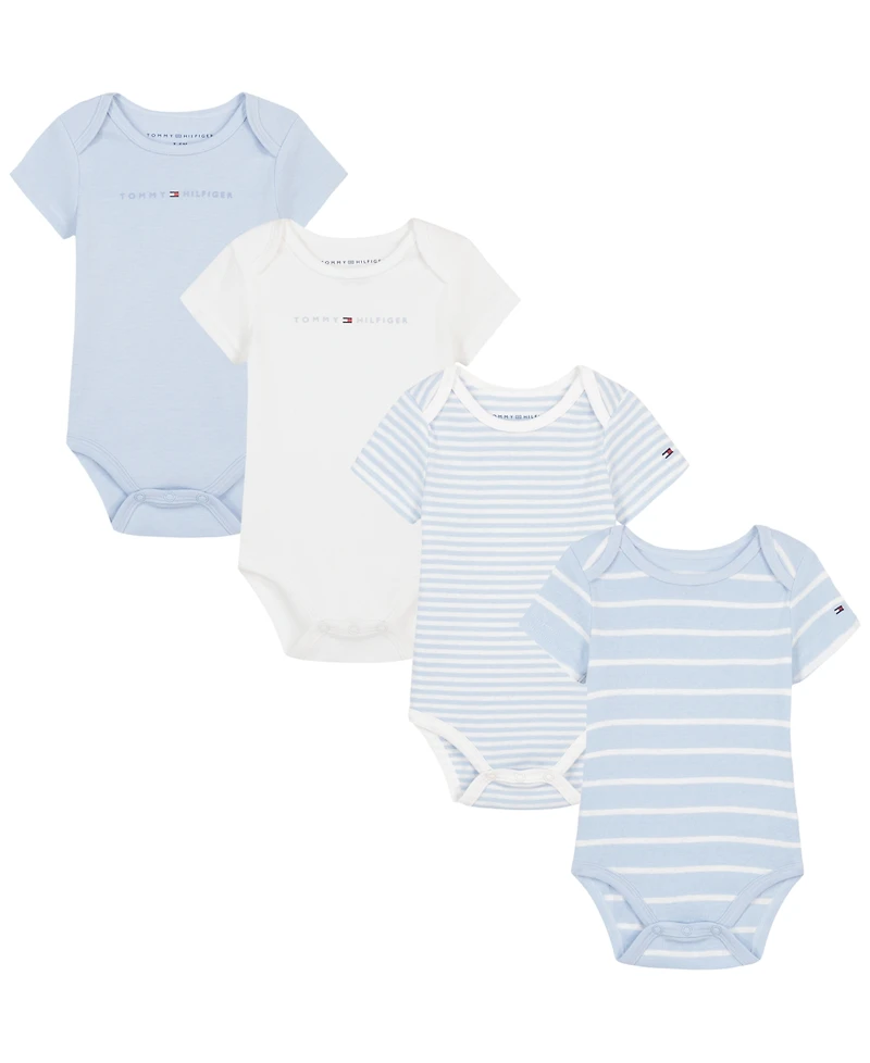 Tommy Hilfiger Baby Boys' Logo and Stripe Print Short-Sleeve Bodysuits, 4-Pack