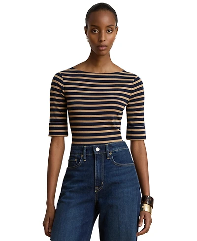 Lauren Ralph Women's Striped Stretch Cotton Boat Neck Top