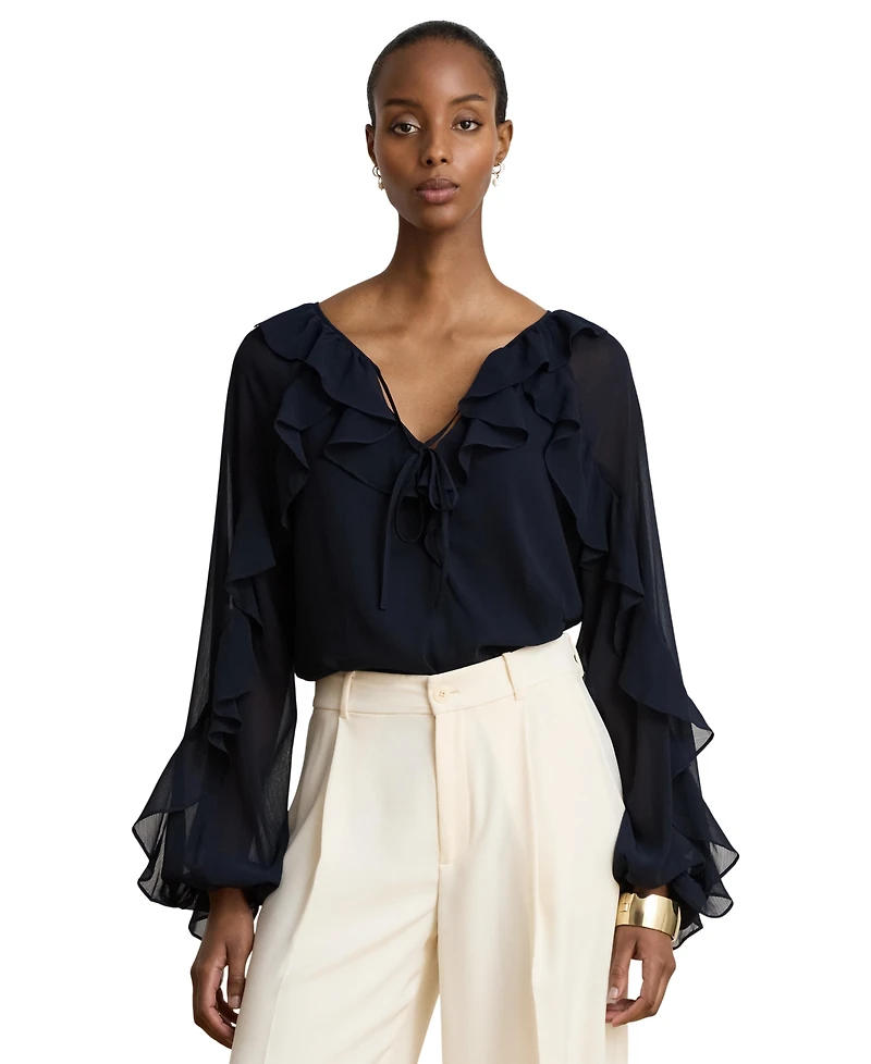 Lauren Ralph Women's Ruffle-Trim Crinkle Georgette Blouse