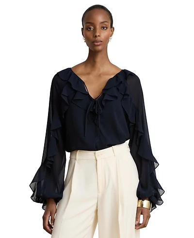 Lauren Ralph Women's Ruffle-Trim Crinkle Georgette Blouse
