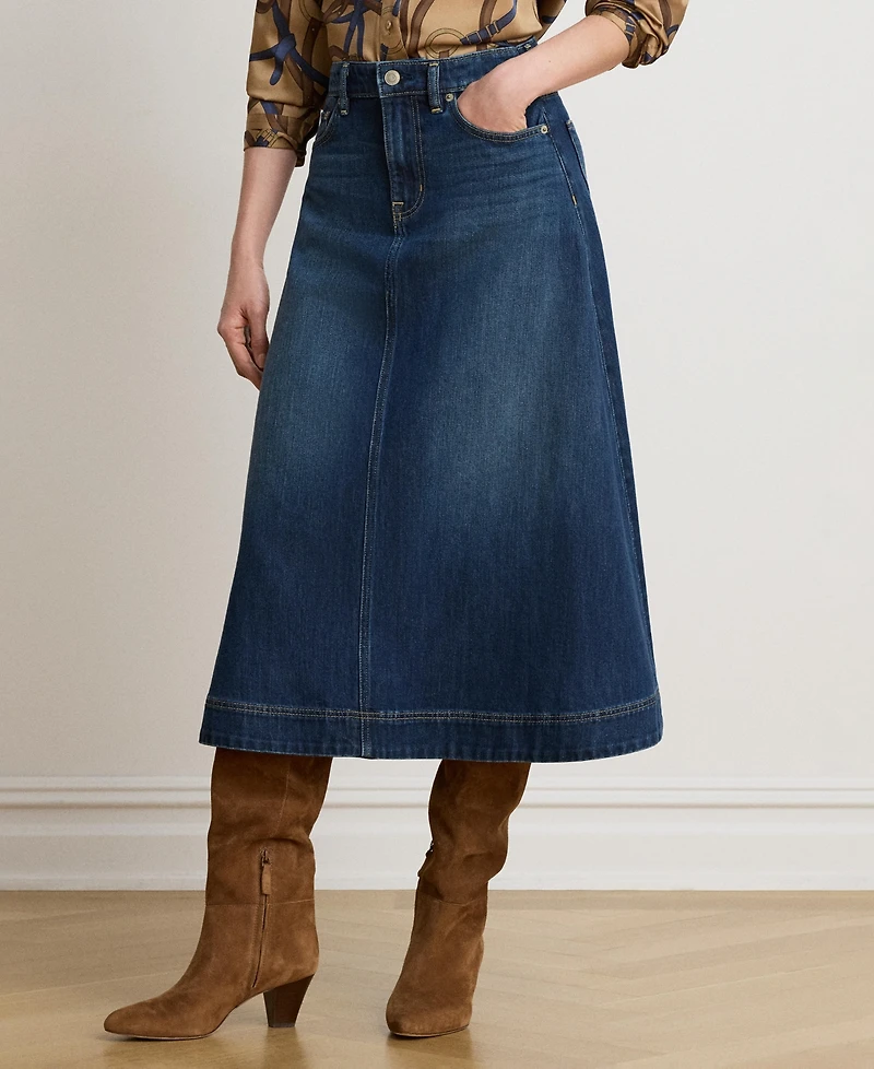 Lauren Ralph Women's A-Line High-Waisted Midi Denim Skirt