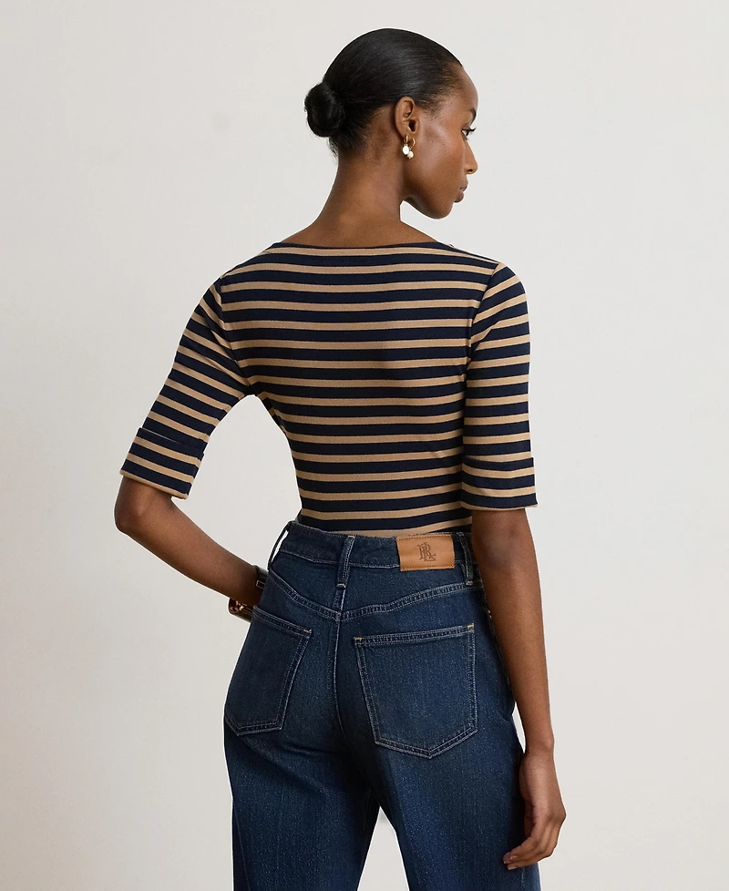 Lauren Ralph Women's Striped Stretch Cotton Boat Neck Top