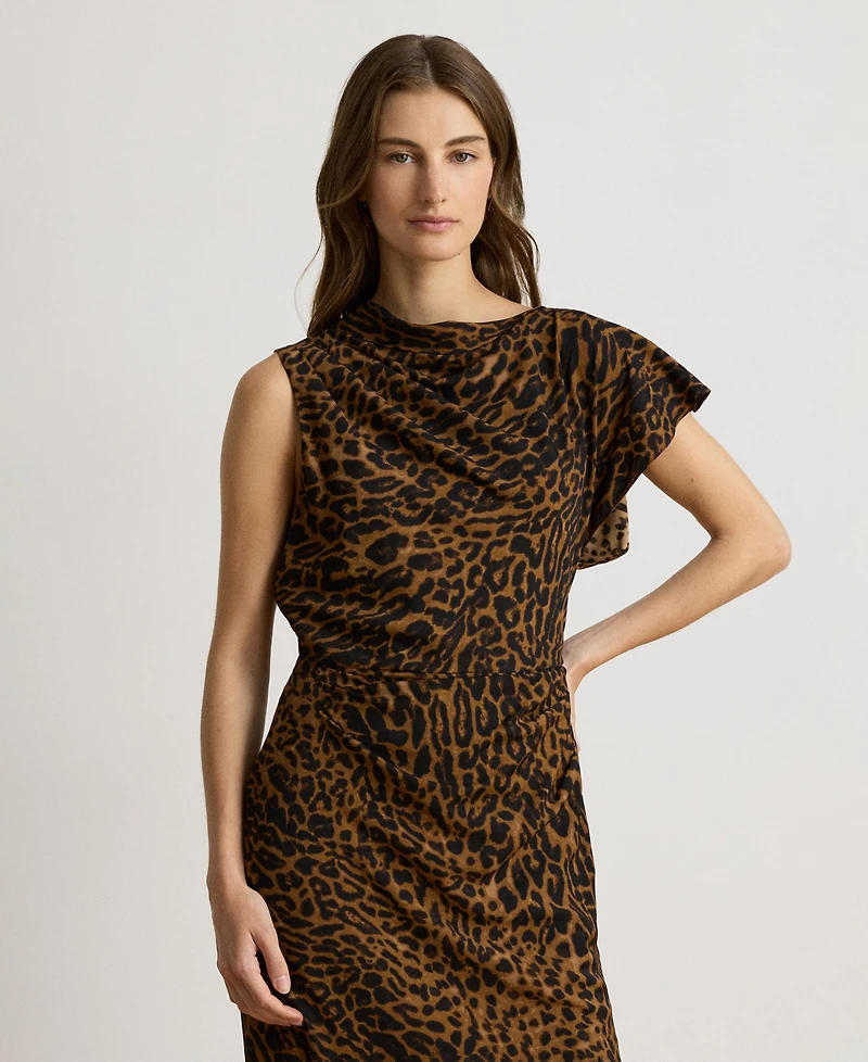 Lauren Ralph Women's Asymmetrical Neck Ocelot-Print Pleated Crepe Dress