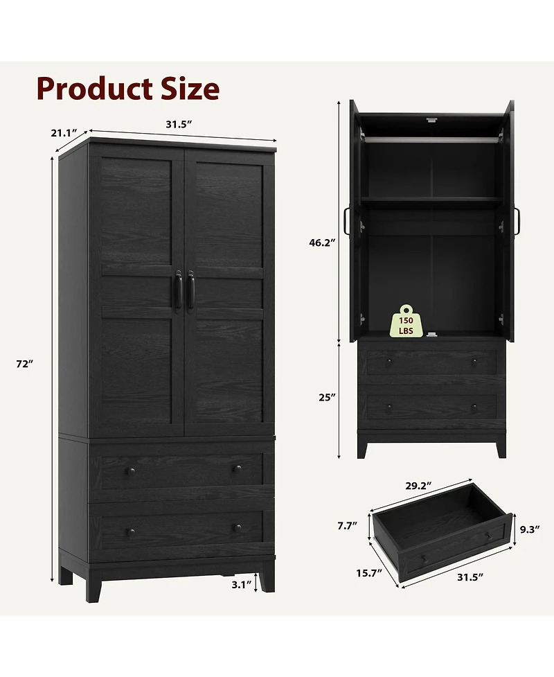 gaomon Modern Walnut Wooden Armoire Wardrobe Closet 72 Inch Tall Bedroom Storage Cabinet with 2 Drawers, Hanging Rod,Heavy Duty Furniture Doors