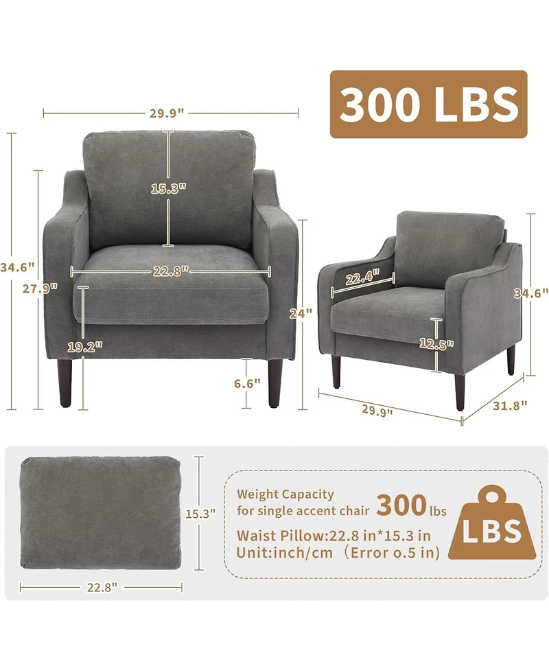 gaomon Mid-Century Accent Chair, Upholstered Linen Armchair for Living Room, Bedroom, Office, Grey