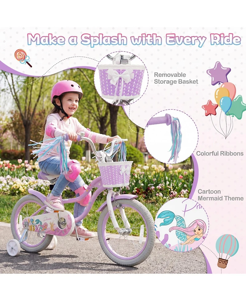 Slickblue 16" Princess Adjustable Kids Bike with Basket & Streamers, 110 lb. Capacity, Ages 4-7