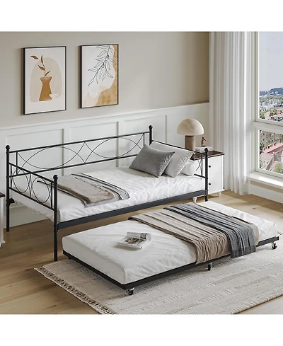 gaomon Senfot Twin Daybed with Trundle, Pull Out Trundle Day Bed, Twin Mattress Foundation with Metal Slats, Modern Sofa Bed for Living Room, Bedroom