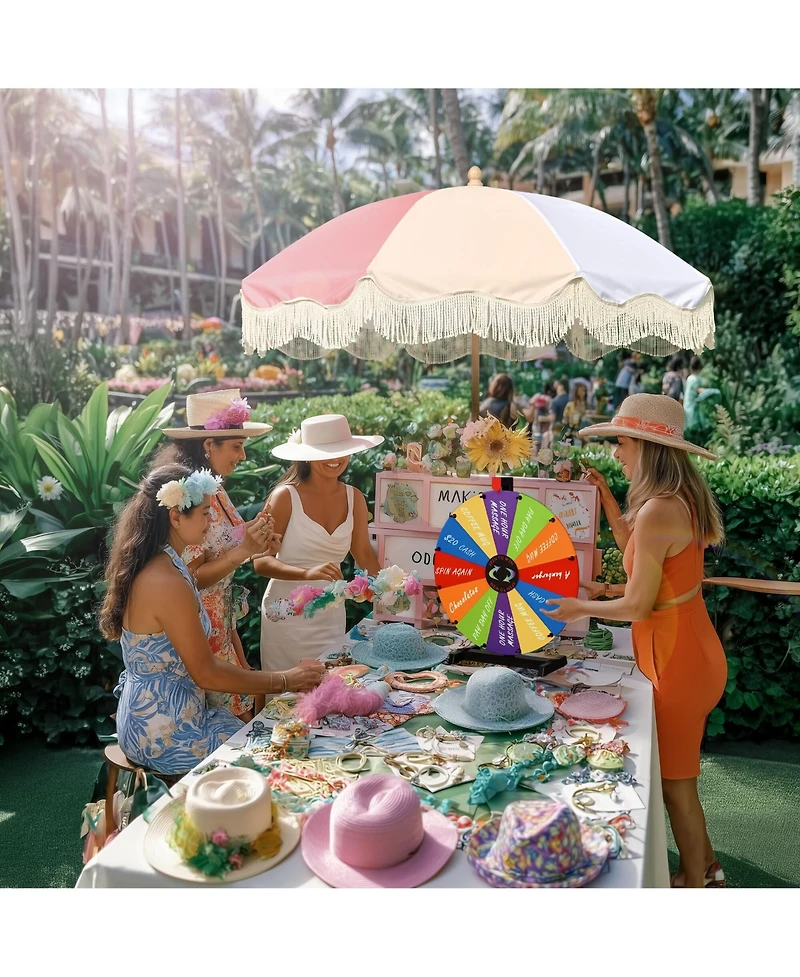 WinSpin 24" Modular Prize Wheel Tabletop w/ Palm Springs Pink Fringe Umbrella for Outdoor Pop-up Shop Craft Booth