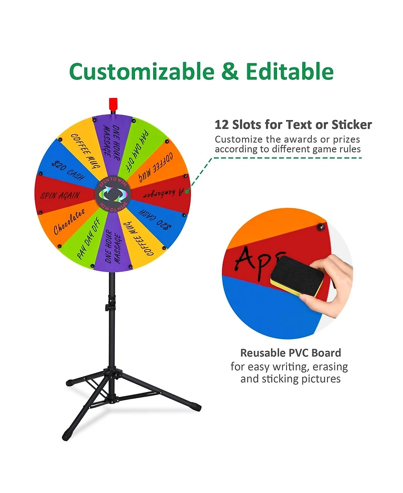 WinSpin 24" Diy Modular Prize Wheel 12 Slots with Floor Stand Height Adjustable for Carnival Spinner Game Events School