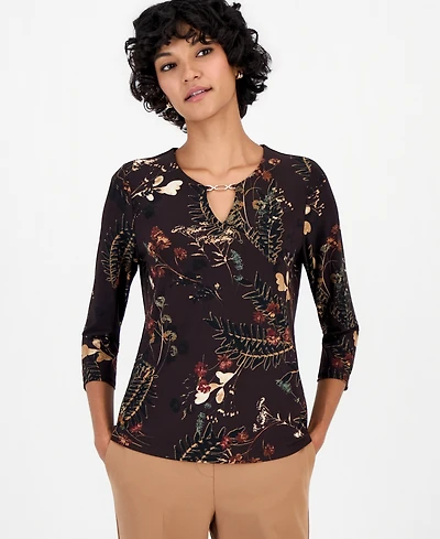 Jones New York Petite 3/4-Sleeve Floral-Print Keyhole Top