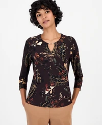 Jones New York Petite 3/4-Sleeve Floral-Print Keyhole Top