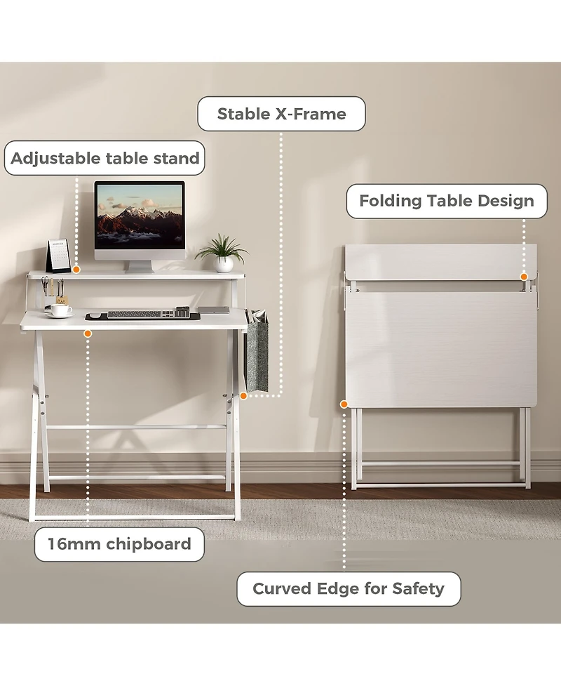 gaomon Portable Small Desk No Assembly, 2-Tier Compact Computer with Shelf, Space Saving Foldable Table for Home Office, Bedroom or Apartment