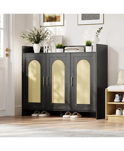 gaomon Shoe Cabinet Storage for Entryway, Rattan Cabinet, Wooden Rack with 3 Doors