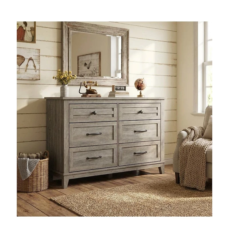 homfan 6 Drawer Dresser for Bedroom Classic Wide Wooden Chest, Freestanding Farmhouse Storage for Closet Nursery Living Room Entryway
