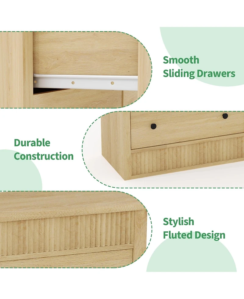 homfan Modern Fluted 6-Drawer Dresser Wide Oak Wood Storage Cabinet for Bedroom Living Room Entryway, Sleek Hallway Chest