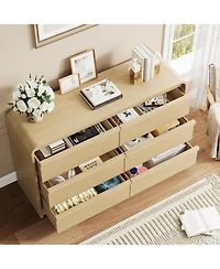 homfan Farmhouse Tv Stand for 75 Inch Tv – Entertainment Center with 6 Storage Drawers and Curved Design, Wooden Media Console for Living Room