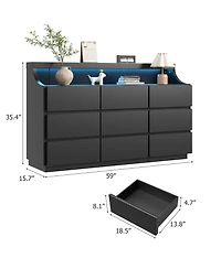 homfan 59" 9-Drawer Dresser – Led Lights and Large Storage Drawers, Modern Chest with Anti-Tipping for Bedroom or Living Room