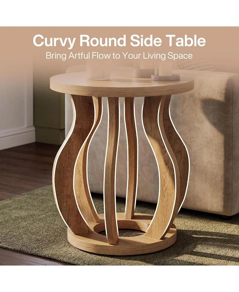 Tribesigns Round End Side Table Set of 2, Farmhouse Wooden Side Table for Living Room, Bedside Nightstand with Curved Frame, Accent Nightstand
