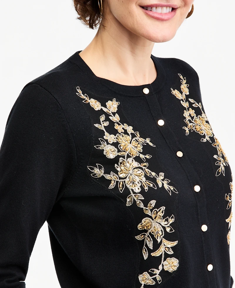 Jm Collection Women's Embellished Floral Applique Button-Front Cardigan, Macy's Exclusive