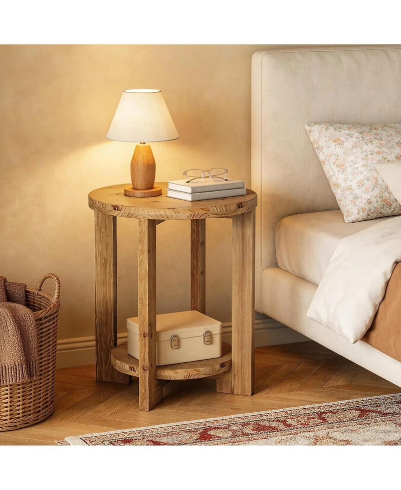Tribesigns Solid Wood Round End Table Set of 2, Accent Bed Side Table with Storage Shelf, 2-Tier Circle Wood Nightstand