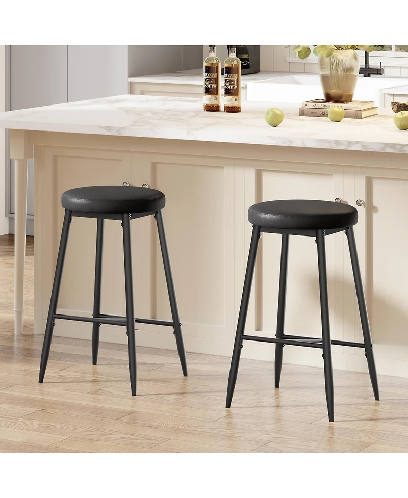 Gaomon Set of 2 Bar Stools, 26 Inch Counter Height Modern Barstools with Thick Seat, Metal Frame and Footrest, Faux Leather Saddle Stools for Kitchen