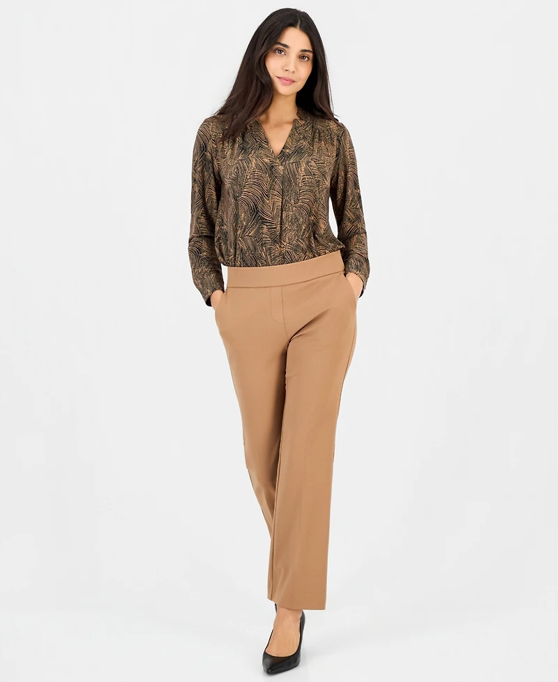 Anne Klein Essentials Petite Long-Sleeve Split-Neck Yoke Blouse