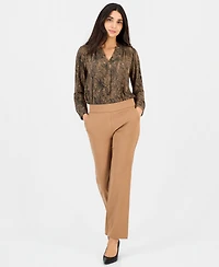 Anne Klein Essentials Petite Long-Sleeve Split-Neck Yoke Blouse