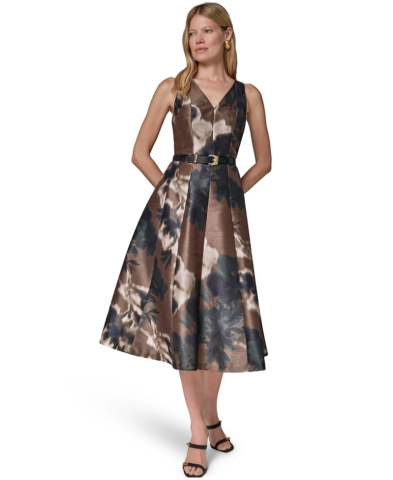 Donna Karan New York Women's Dupion Print Belted Midi Dress