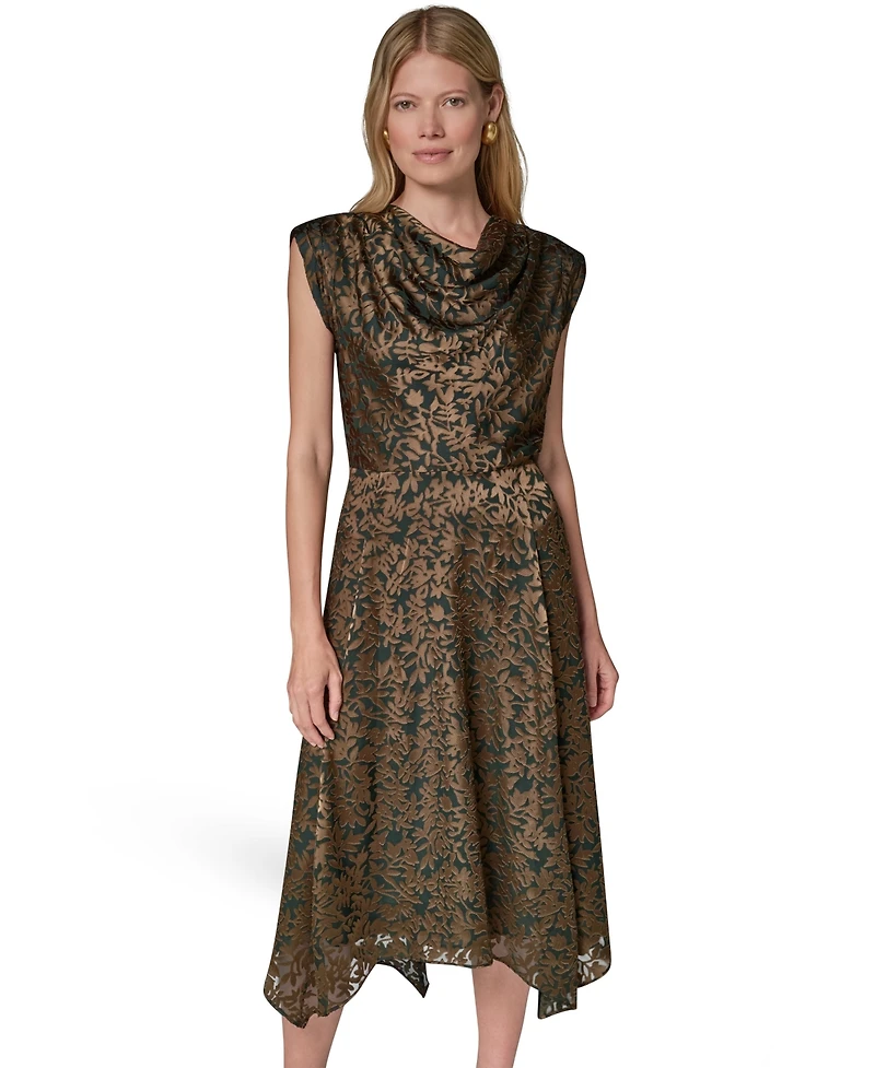 Donna Karan New York Women's Floral Vine Burnout Cowl Neck Dress
