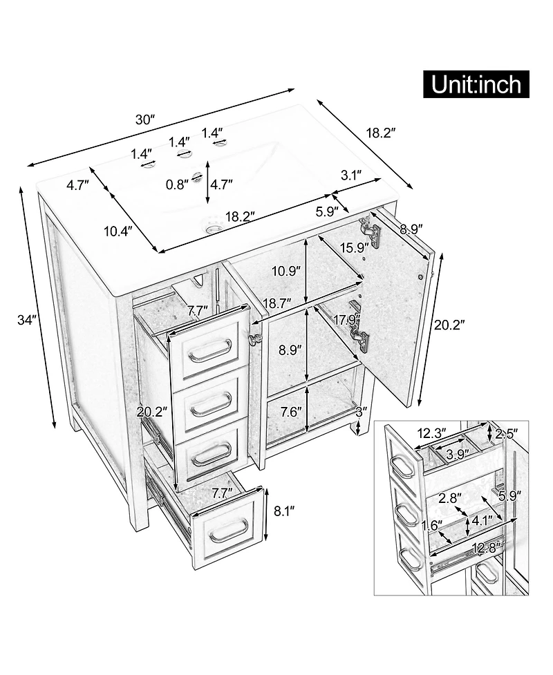 Busdays 30 Inch Bathroom Vanity Cabinet with Sink Top Two Doors and Two Drawers Solid Wood Open Shelf Mdf One Package