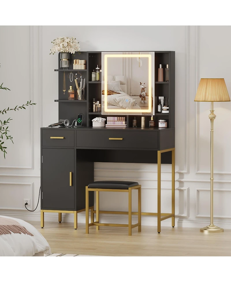 homfan Makeup Vanity with Led Lights, Modern Dressing Set with Cushioned Stool, 3 Lighting Modes 2 Drawers, Open Shelves, Cabinet and Charging Station