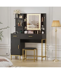 homfan Makeup Vanity with Led Lights, Modern Dressing Set with Cushioned Stool, 3 Lighting Modes 2 Drawers, Open Shelves, Cabinet and Charging Station