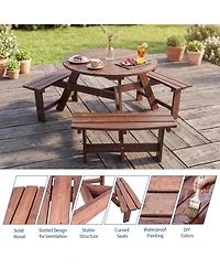 homfan 6 Person Wooden Outdoor Picnic Table with 3 Built-in Benches, Circular Dining and Chairs Set Umbrella Hole for Garden