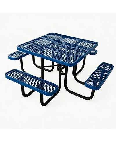 homfan Heavy Duty Metal Picnic Tables for Outdoors with Umbrella Hole, Square Top Coated Steel Commercial Grade Furniture Set Weather